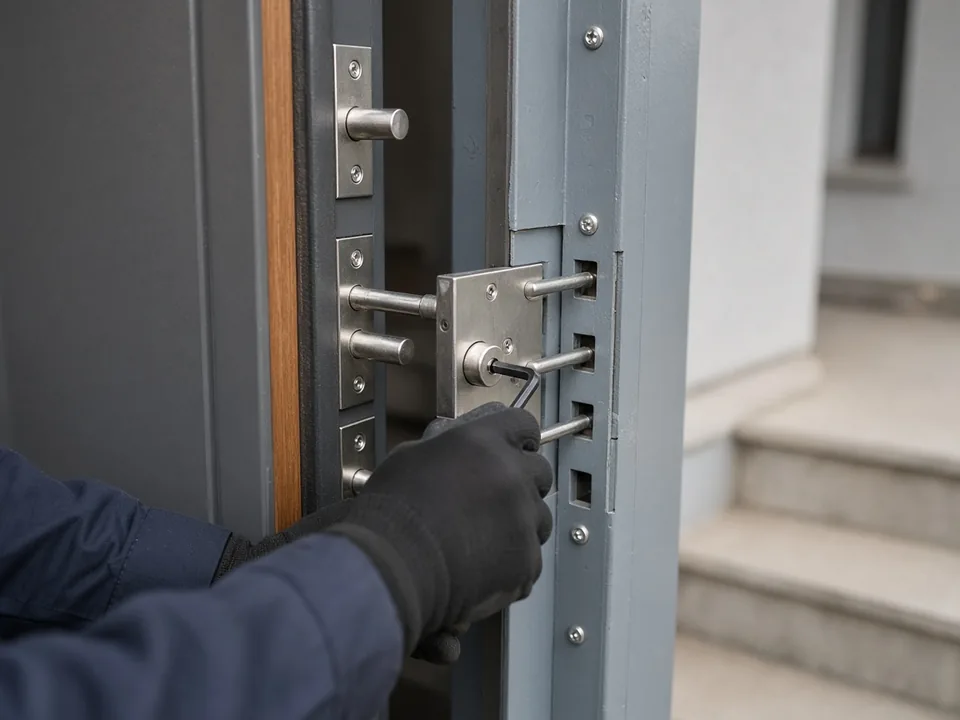 Chant d'une porte d'entrée renforcée : pênes d'une serrure multipoint et cornière le long du dormant