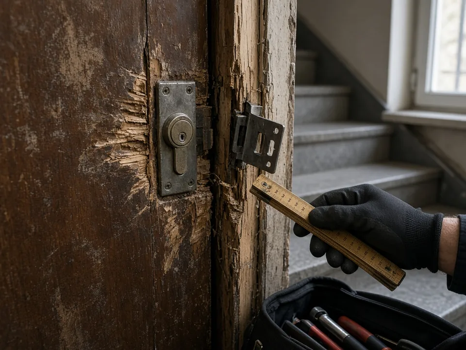 Porte d'appartement abîmée par une tentative d'effraction, gâche tordue, main gantée mesurant les dégâts